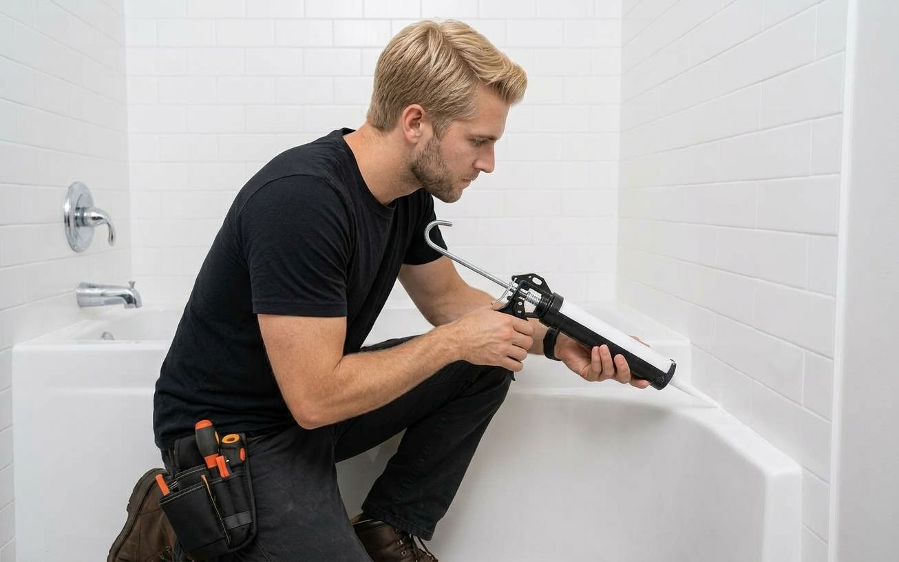 A fresh line of silicone run along the edge of a bath, straight and unbroken.