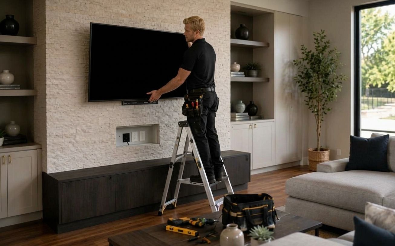 A television being levelled onto its wall bracket on a stone feature wall, the fixings set before the screen goes on.