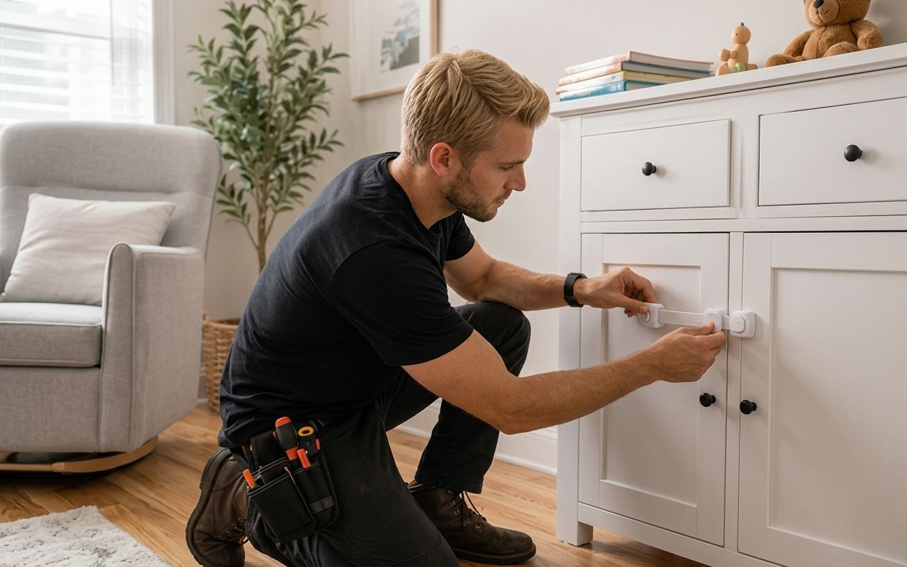 A child safety catch being fitted to a nursery cabinet door.